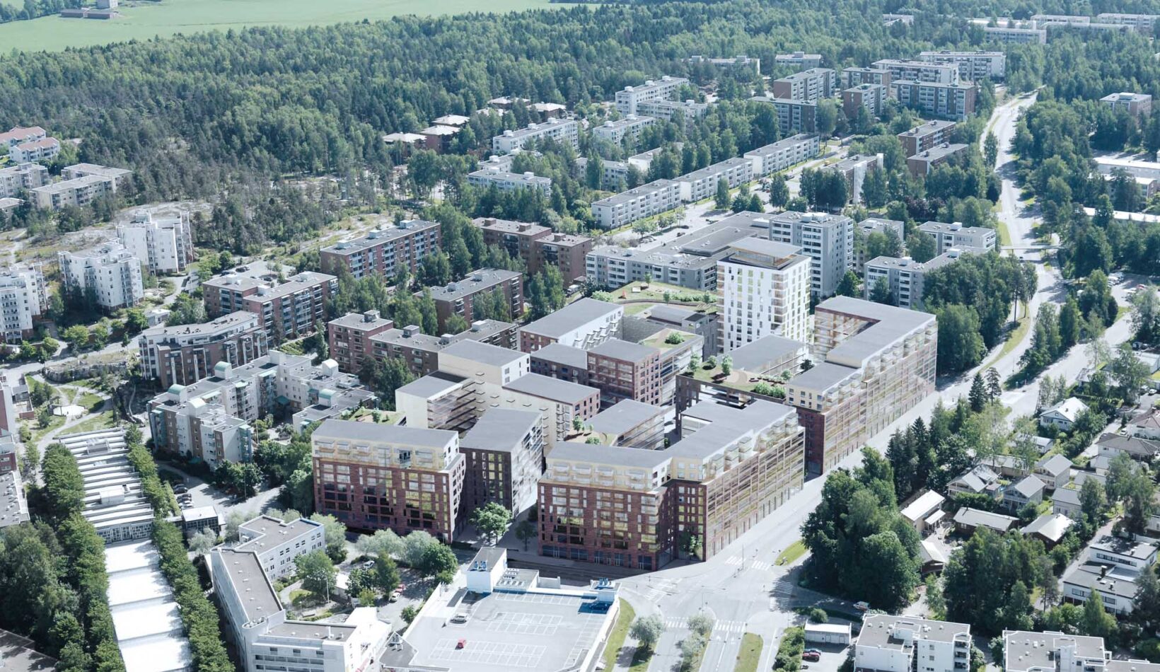 mellunopuisto_uudistava_täydennysrakentaminen Havainneilmakuva Mellunpuiston korttelista.